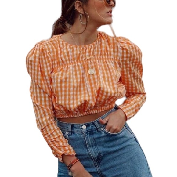 Zara Tops Zara Orange White Gingham Vichy Ruched Sleeve Crop Top S